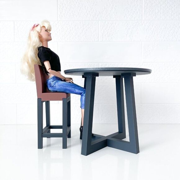 Miniature Barbie Bistro Gray Table 4 Chairs 3D Printed Dollhouse Furniture - Picture 4 of 6